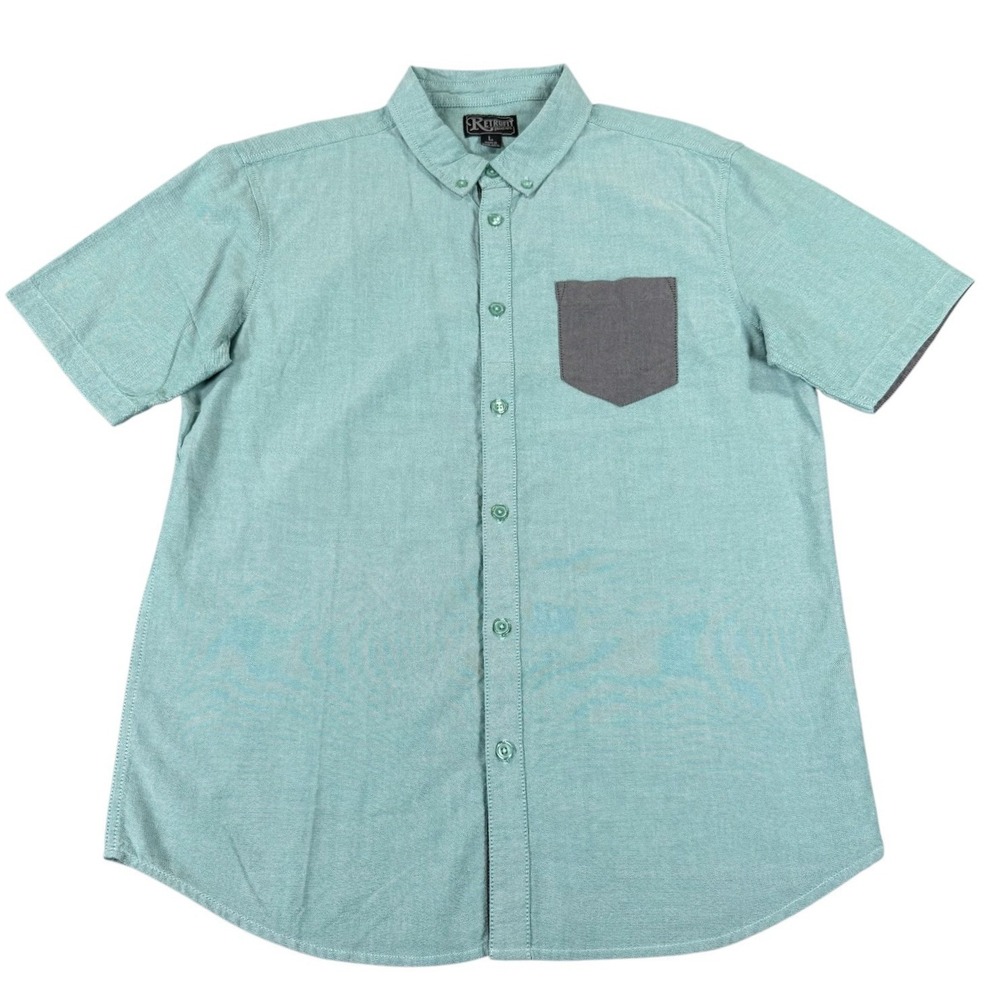 Retrofit Mens Large Short Sleeve Button Down Shirt Mint Green Gray Pocket Cotton